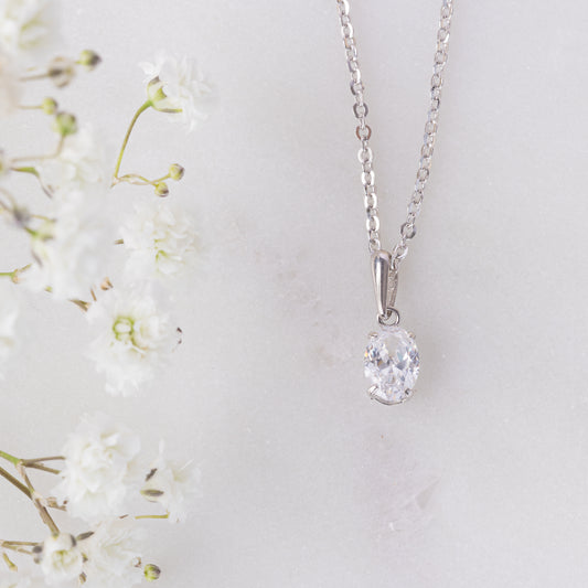 9ct White Gold Chain and CZ Oval Pendant