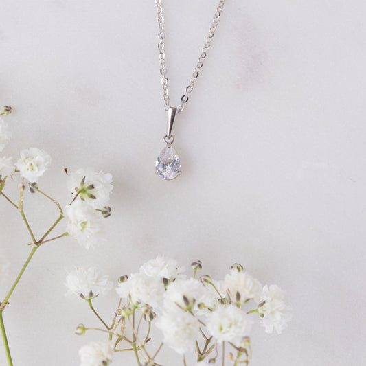 9ct White Gold Chain and CZ Pear Pendant