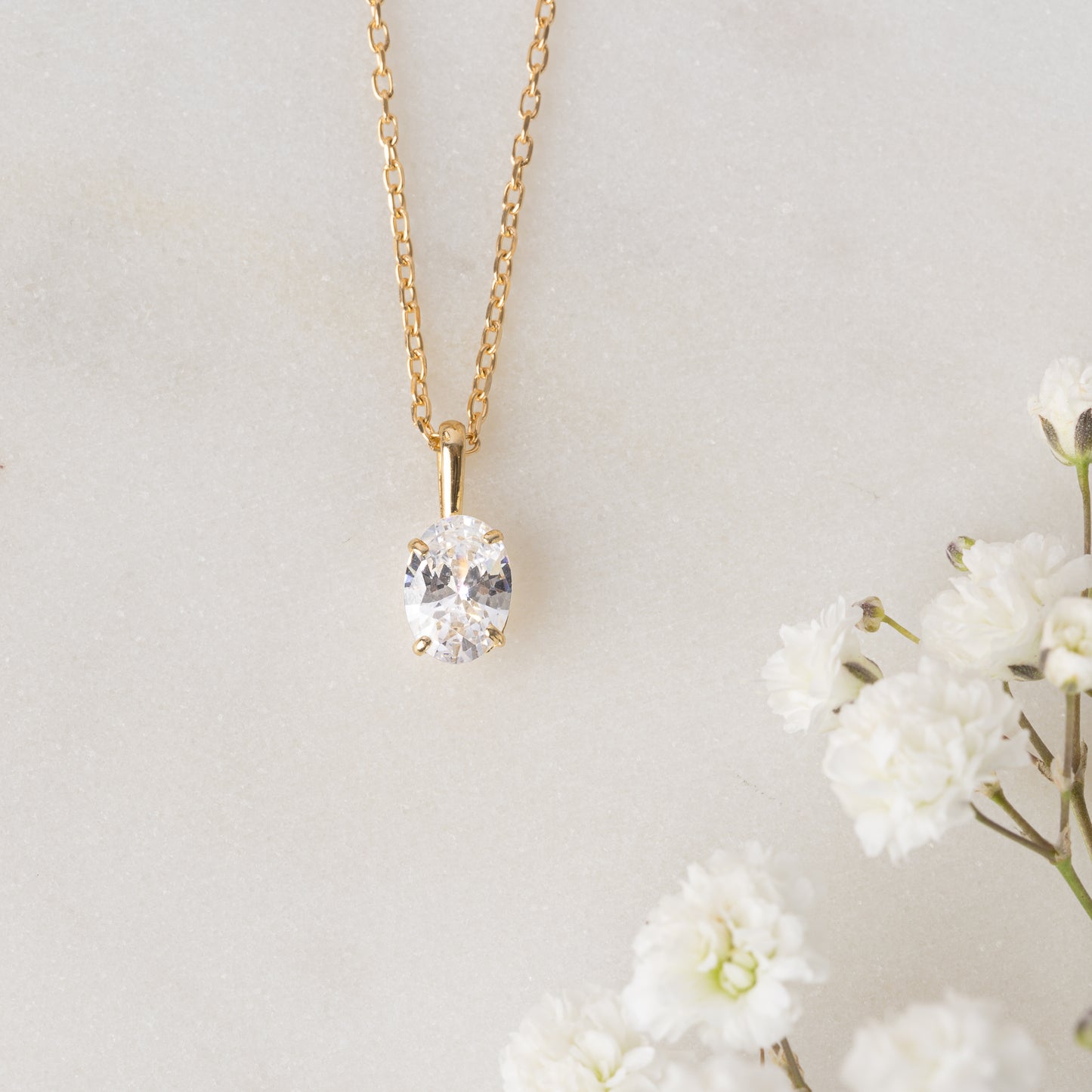 9ct Gold Chain and CZ Oval Pendant