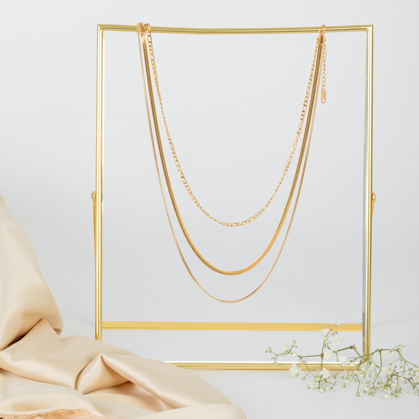 18ct Gold Plated Stainless Steel Layered Necklace (Herringbone, Box, Figaro)